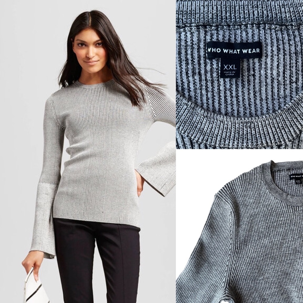 Who What Wear Neutral Grey Ribbed Trumpet Sleeve Sweater in Size‎ XXL